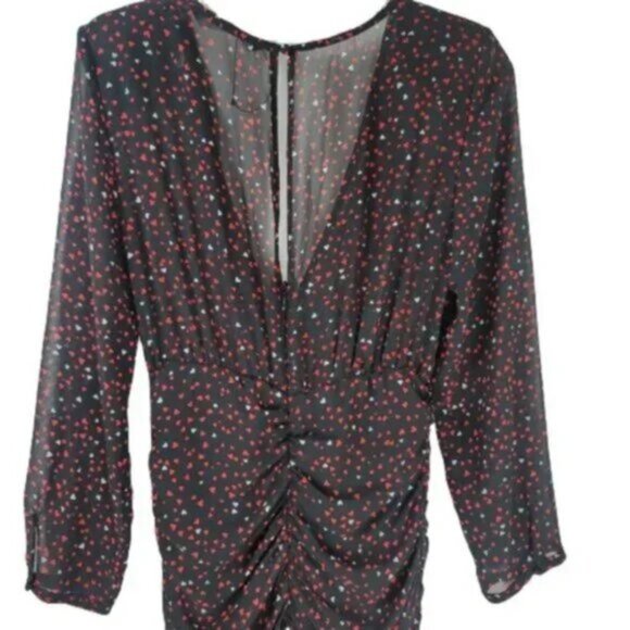 Zara Heart Print Mini Dress Ruched Long Sleeve V-Neck Party Dress - Picture 3 of 13